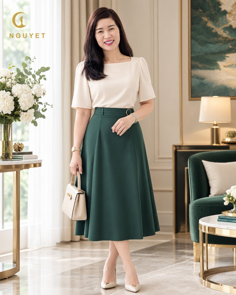 Phong cách sang trọng — tông xanh rêu thương hiệu